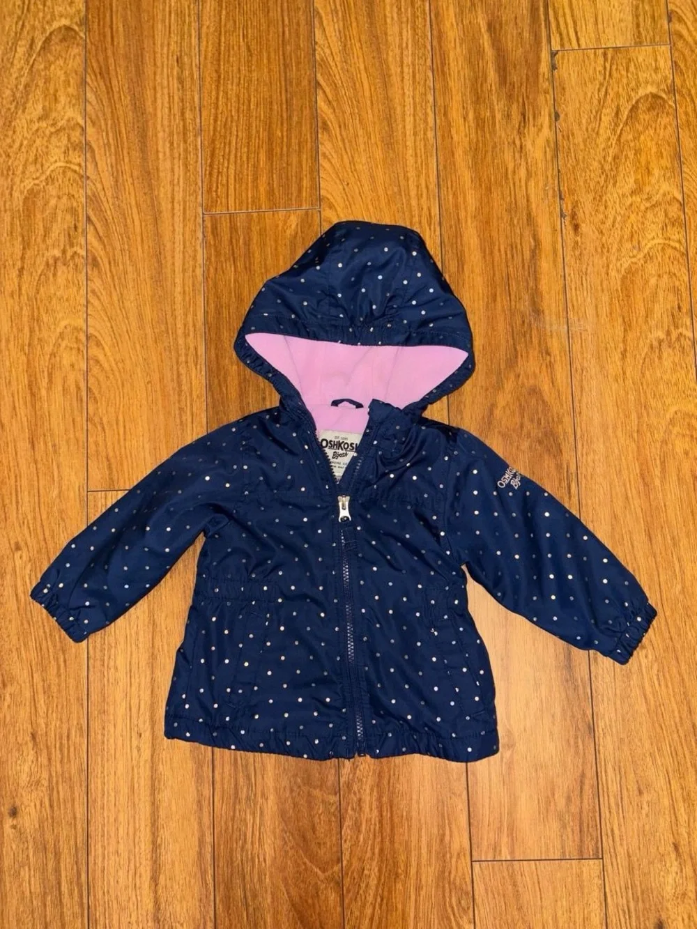 OshKosh B'gosh Navy Polka Dot Hooded Jacket with Pink Lining